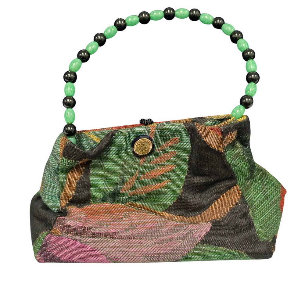 Attache Tapestry Tropical Floral Evening Bag Beaded Handle Tassel Multicolor - Picture 3 of 10